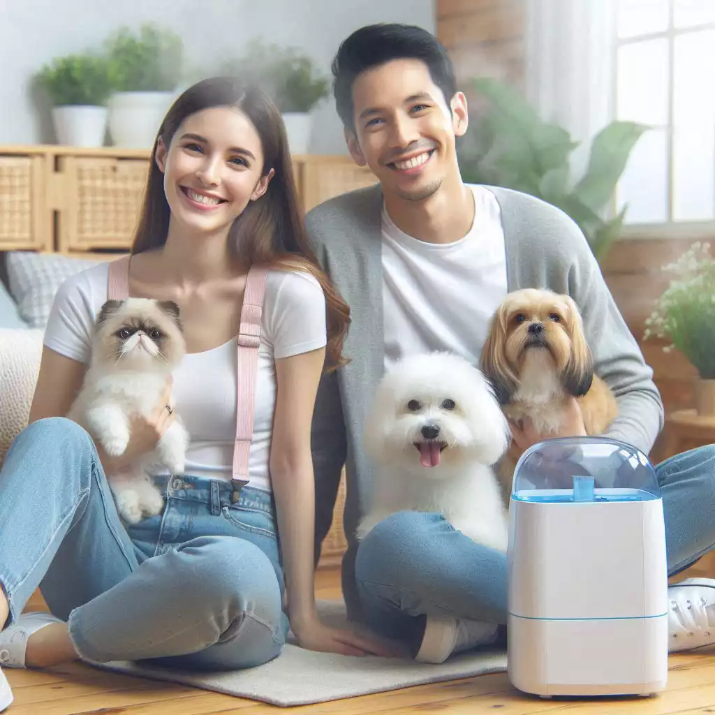 Happy family with pets in a well-humidified home.